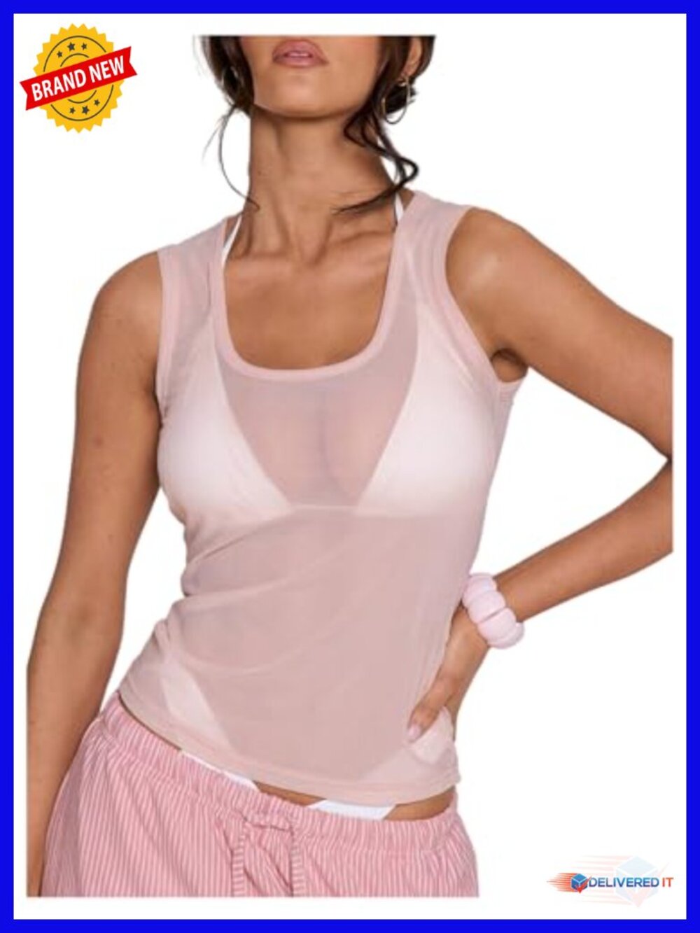 Sheer Mesh Tank Top Sleeveless Scoop Neck Y2K Summer Going Out Top
